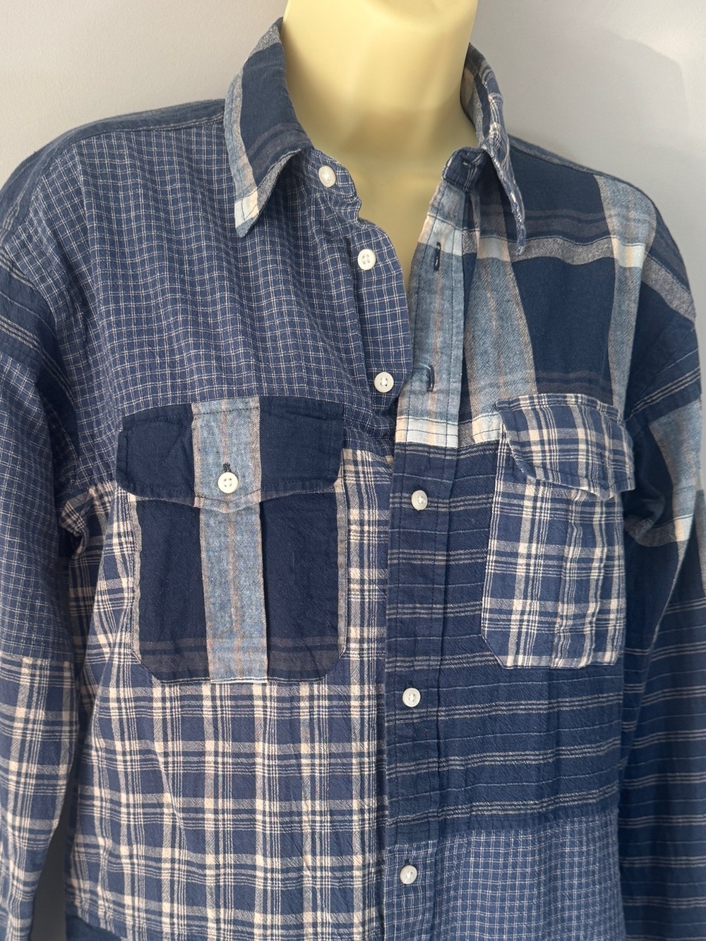 Lauren Ralph Lauren Indigo Patchwork Plaid Linen-Blend Button Down Shirt Small - Picture 3 of 14